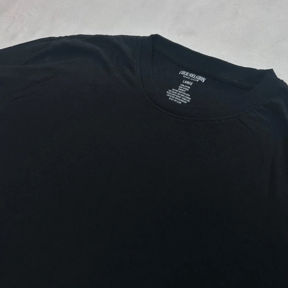 True Religion Mens Black Gold Foil Logo Short Sleeve Cotton T-Shirt Large